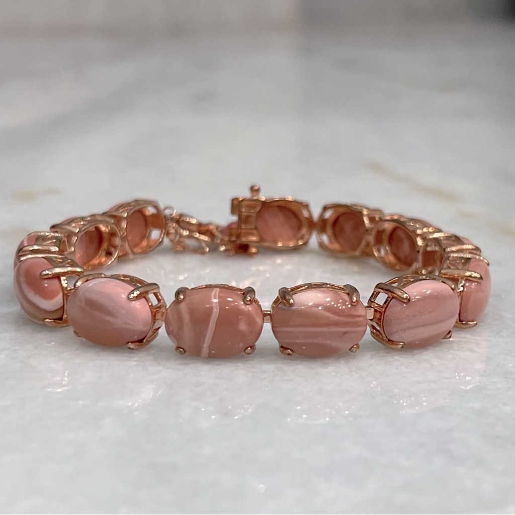 Australian Pink Opal Pink Jade Thai Black Spinel 14k Rg Sterling Silver Bracelet